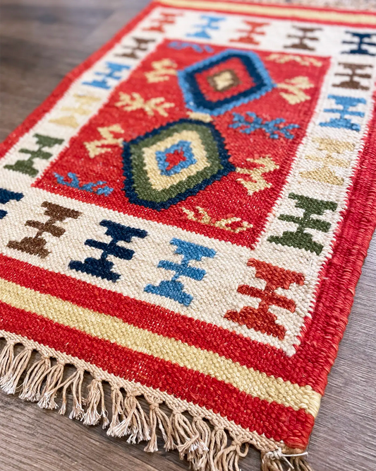 Indian Handmade Red and Blue Rug 60x40