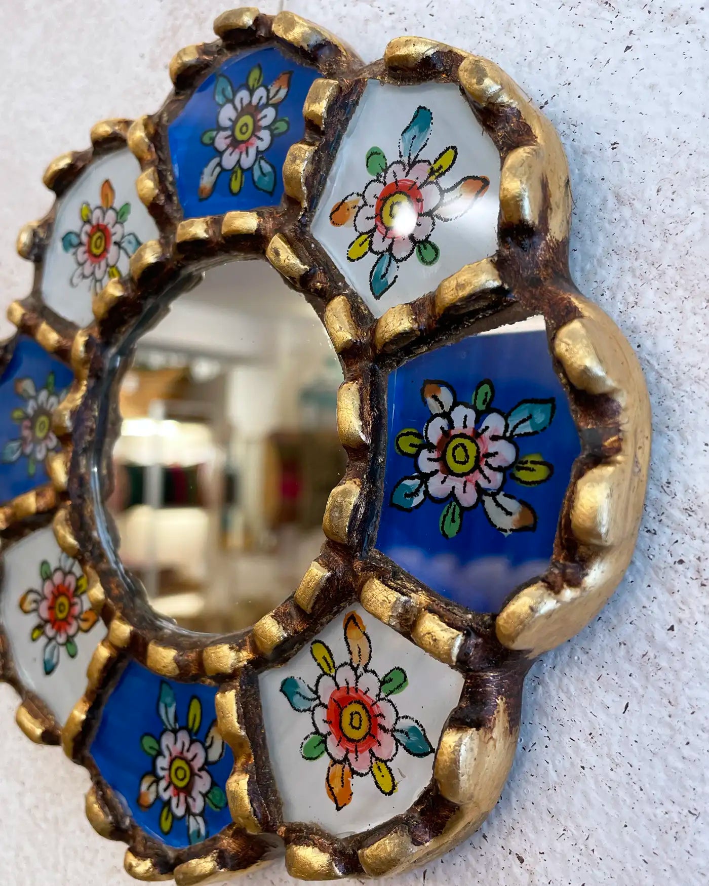 Espejo Peruano Pintado a Mano Azul y Blanco