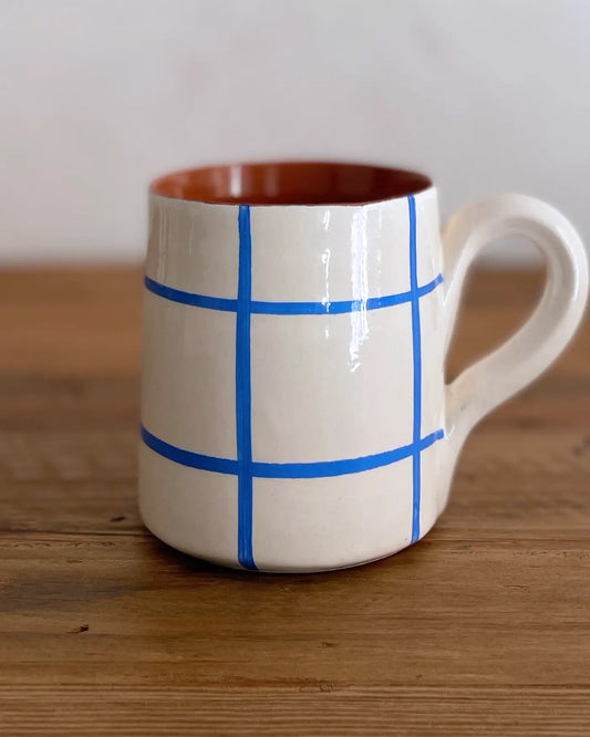 Taza de Cerámica Artesanal Cuadros Azul Celeste