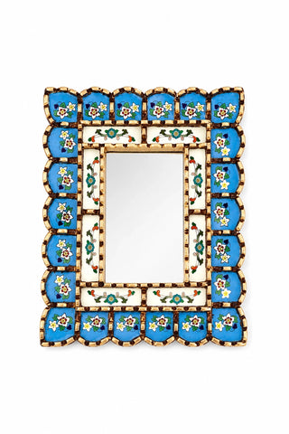 Espejo peruano pintado a mano, 30 cm - Celeste