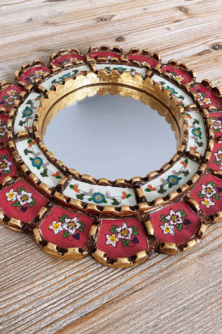Espejo peruano pintado a mano, 30 cm - Rojo Fresa