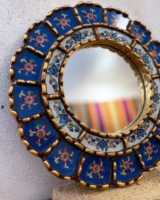 Espejo peruano pintado a mano, 30 cm - Azul