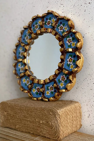 Espejo peruano pintado a mano, 20 cm - Celeste