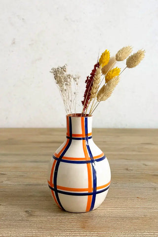 Jarroncito artesanal Cuadros, 13 cm - Navy y Naranja