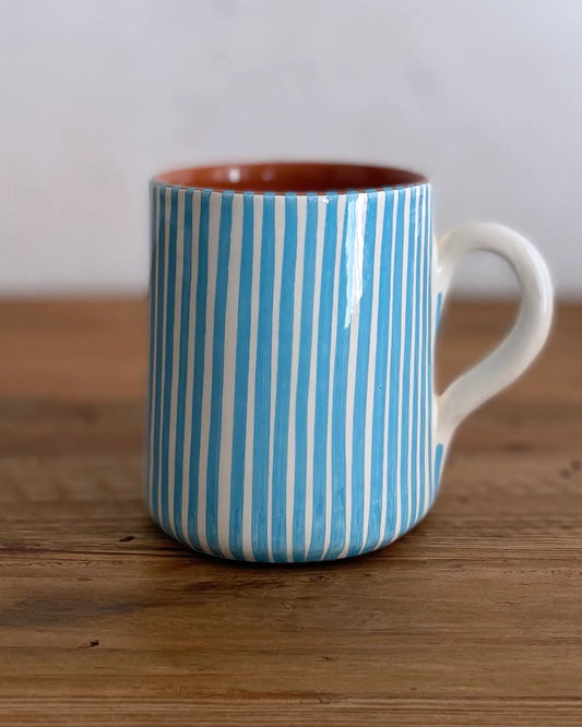 Taza Artesanal de Cerámica Rayas Azul Celeste