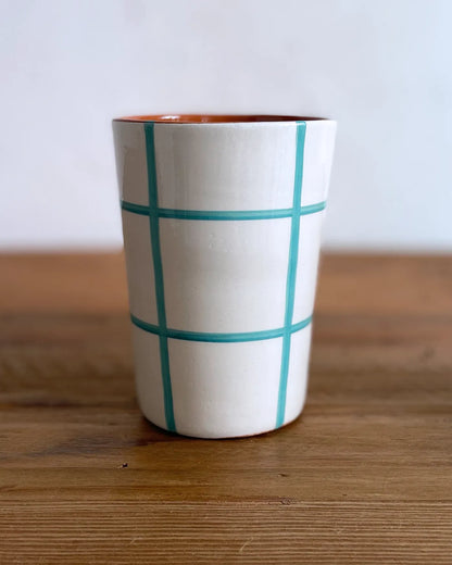 Vaso Artesanal Cerámica Cuadros Azul Turquesa