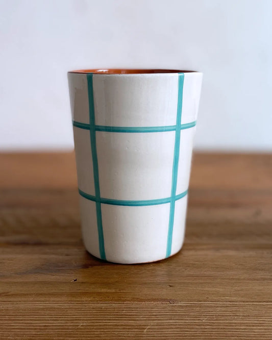 Vaso Artesanal Cerámica Cuadros Azul Turquesa