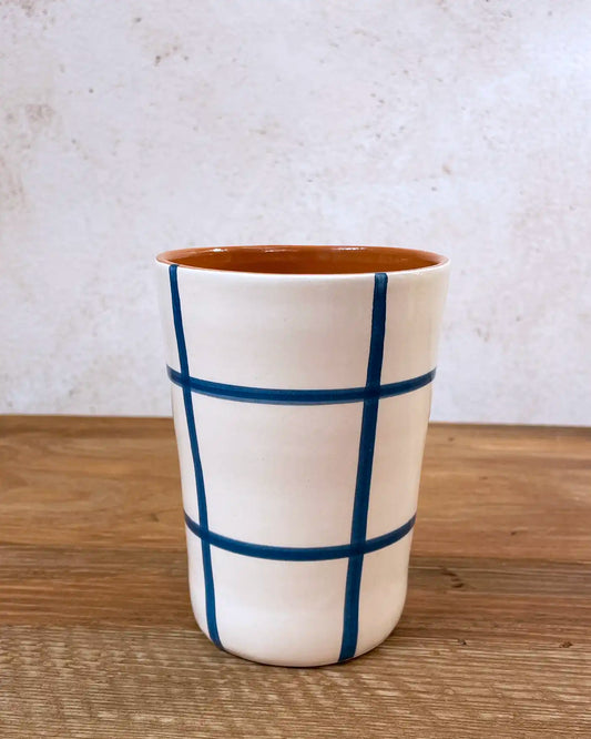 Vaso Artesanal Cerámica Cuadros Azul