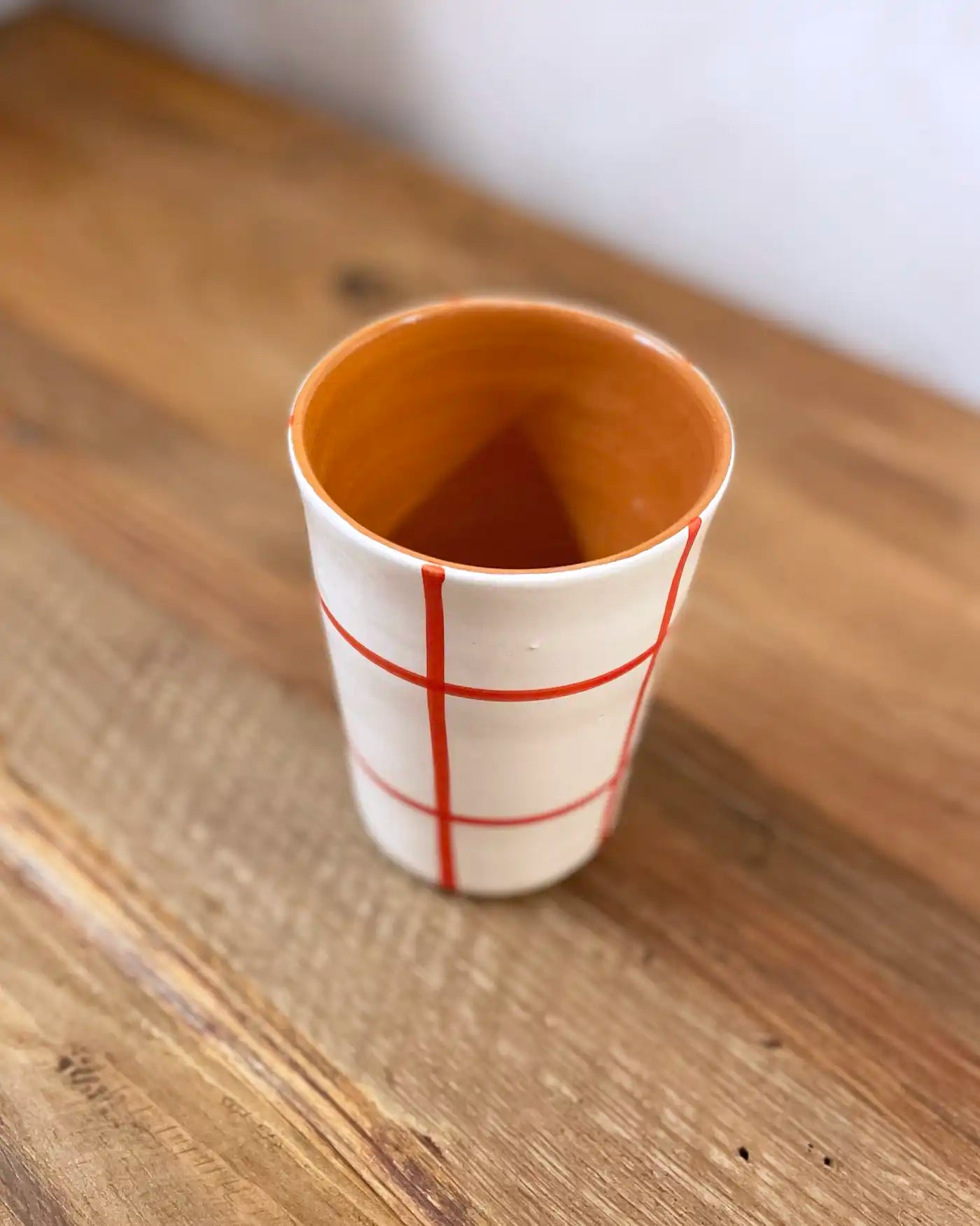 Vaso Artesanal Cerámica Cuadros Naranja